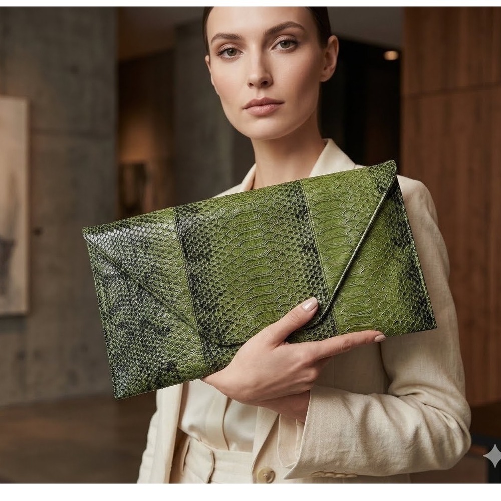 Green Snake Skin Embossed Envelope Clutch Oversized Evening Bag Handbag Baddie